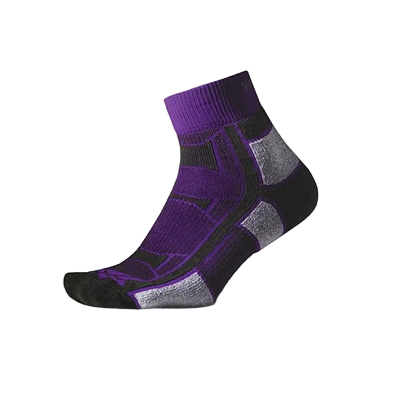 Thorlos purple outdoor athletic quarter sock with black heel and gray padding zones