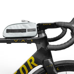 ALMSTHRE silver top tube bike bag mounted on black bicycle frame