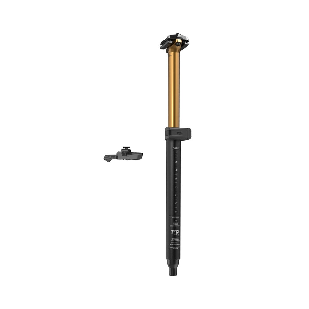 Fox Transfer Neo dropper seatpost with black lower tube and gold upper tube