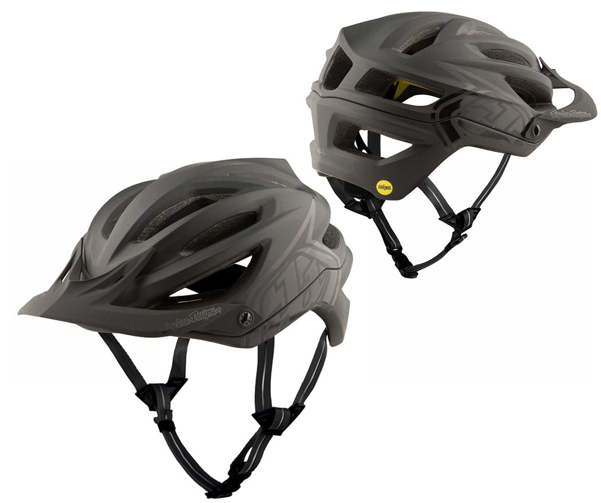 Troy Lee Designs A2 MIPS mountain bike helmet in matte gray Decoy colorway, two views