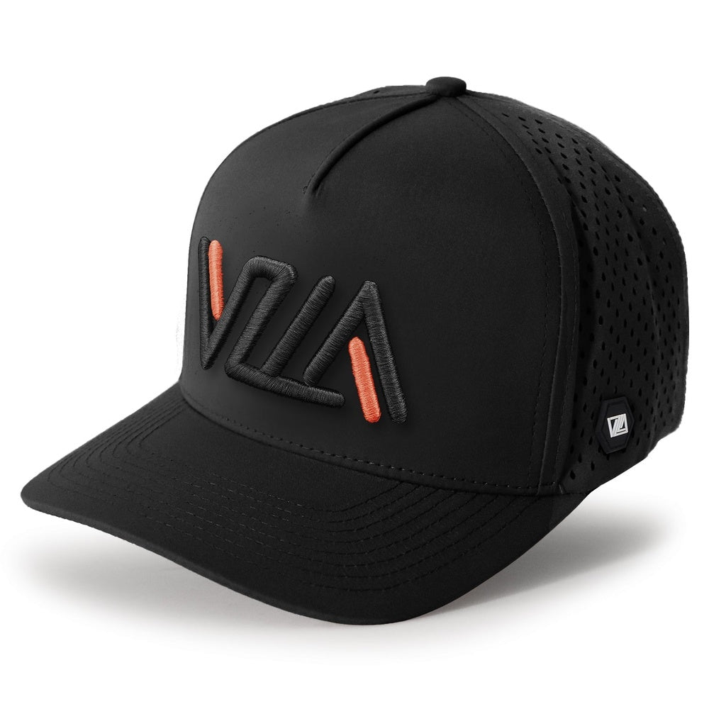Black VZLA baseball cap with embroidered logo and perforated side panels