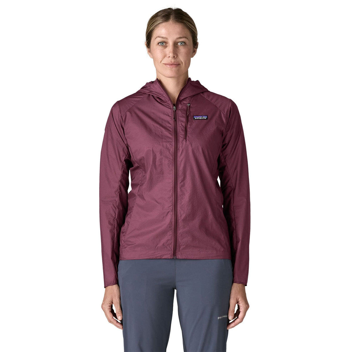 Women's Patagonia Houdini Jacket in Fuzzy Mauve worn by female model, front view