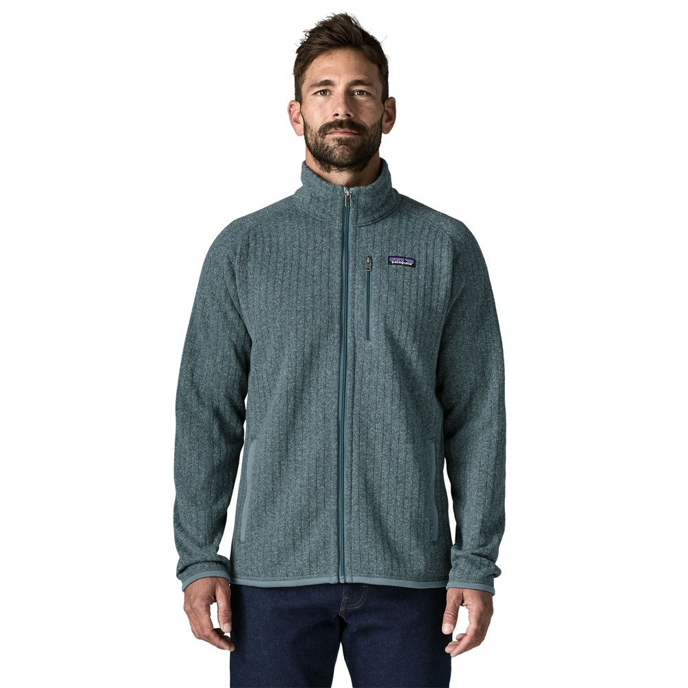 Man wearing Patagonia Better Sweater Fleece Jacket in Blue Sage rib knit, front view
