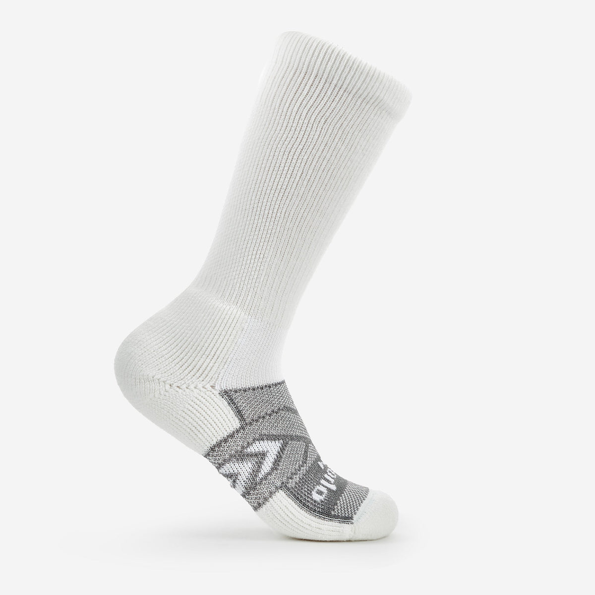 Thorlos white over-calf work sock with grey zigzag accent pattern on foot