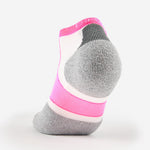 Experia Light Cushion Low-Cut Sock in berry pink with gray cushioned heel and striped arch
