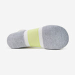 Bottom view of Experia Light Cushion Low-Cut Socks in gray with spearmint stripe detail