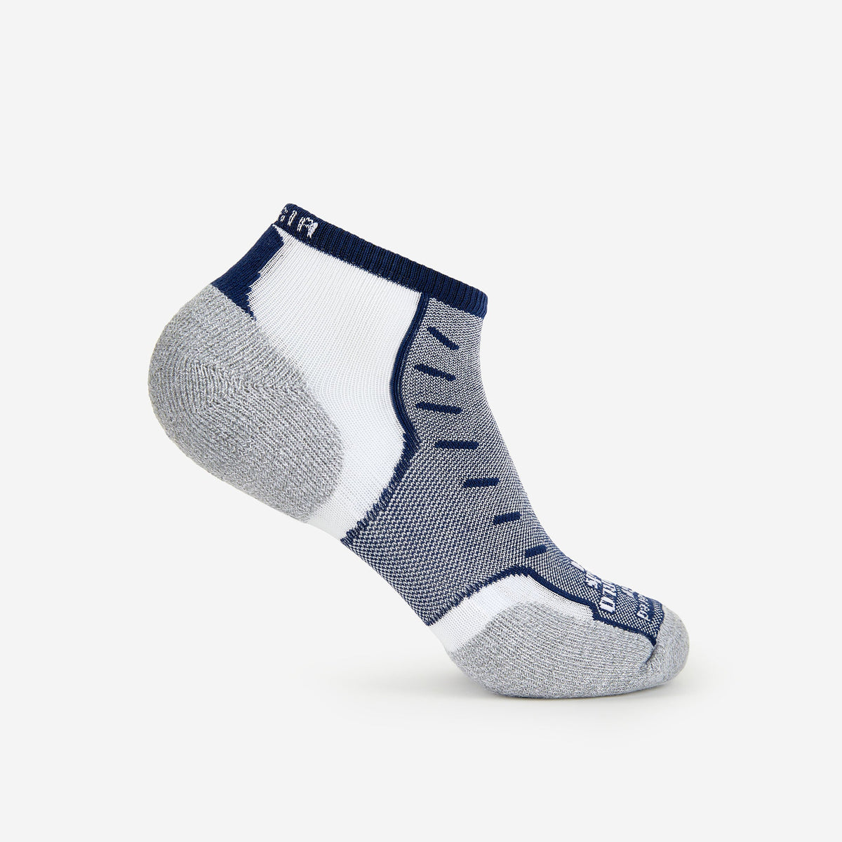 Thorlos Experia Energy low-cut ankle sock in navy blue, white, and gray