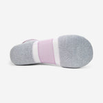 Bottom view of Experia No Show Tab Socks in grey with lavender stripe detailing
