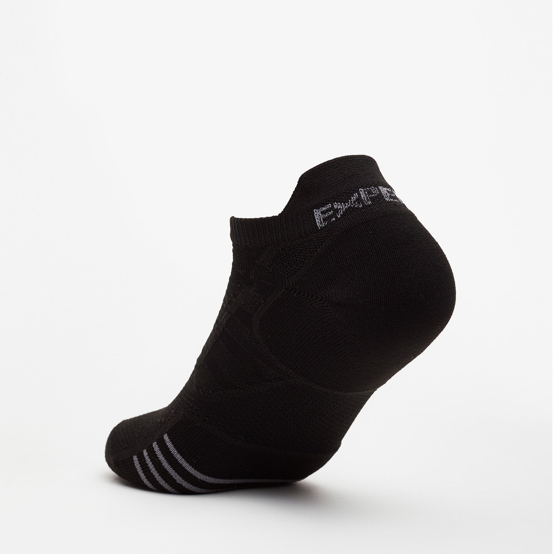 Black Experia Prolite no-show athletic sock with gray toe stripes