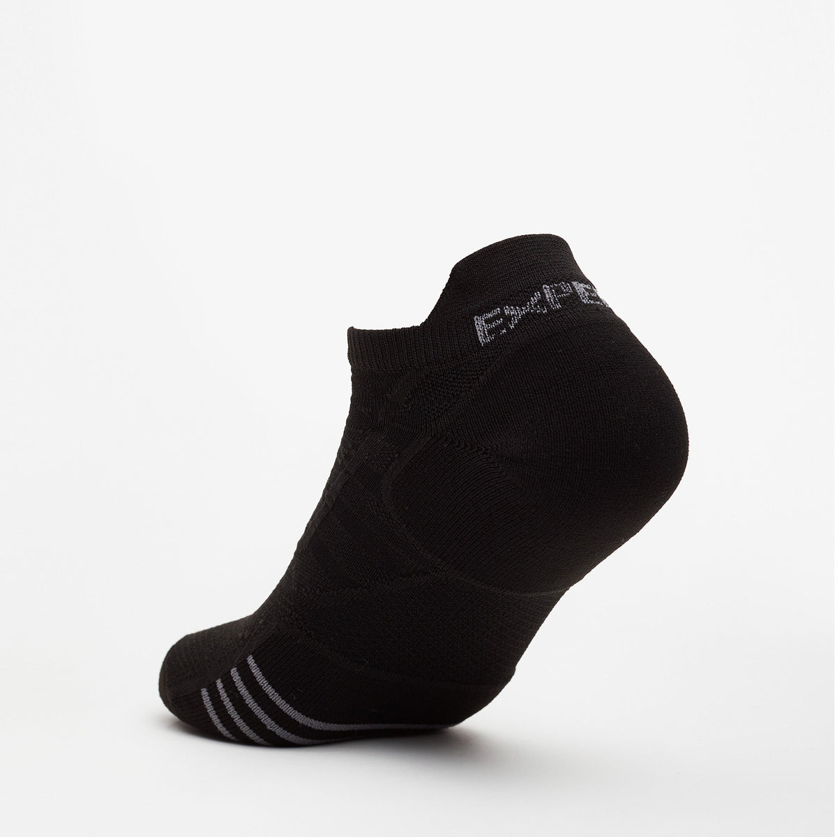 Thorlos Experia ProLite black low-cut athletic sock with gray accent stripes, rear view