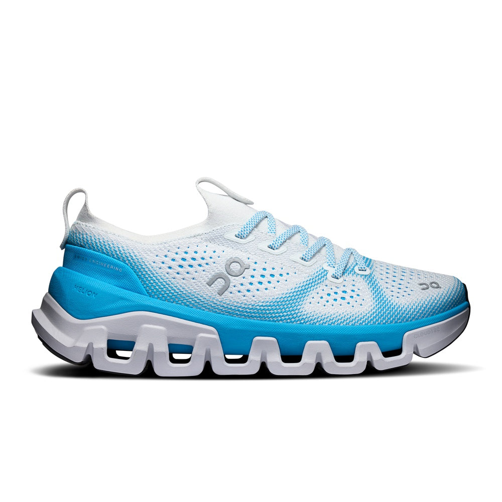 On Cloud X Tempo running shoe in white and ice blue gradient colorway, side view