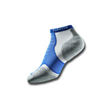 Experia Micro Mini athletic sock in royal blue, white, and gray with cushioned heel and toe