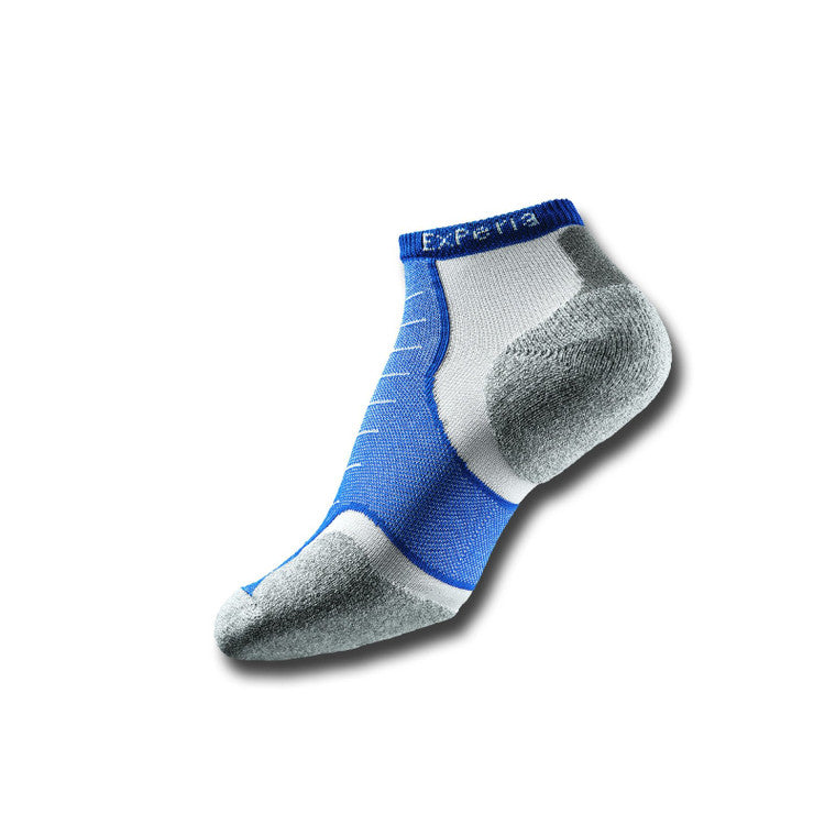Experia Micro Mini athletic sock in royal blue, white, and gray with cushioned heel and toe