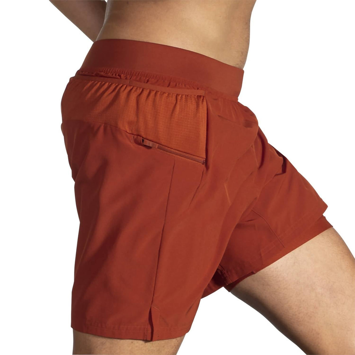 Brooks Sherpa 7-inch 2-in-1 men's running shorts in Red Clay colorway, side view