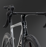 Close-up detail shot of X-LAB AD8 front fork, stem and handlebar in grey and black