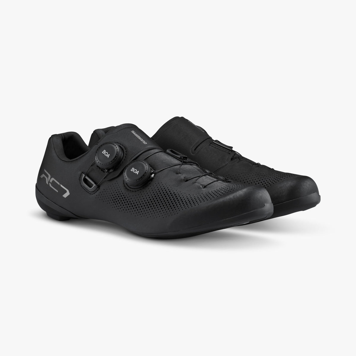 Shimano RC7 black road cycling shoes with dual BOA closure system, pair view