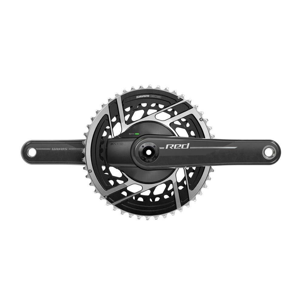SRAM Red AXS crankset with dual chainrings on white background