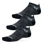 Three Swiftwick Aspire Zero Tab black running socks with geometric patterns
