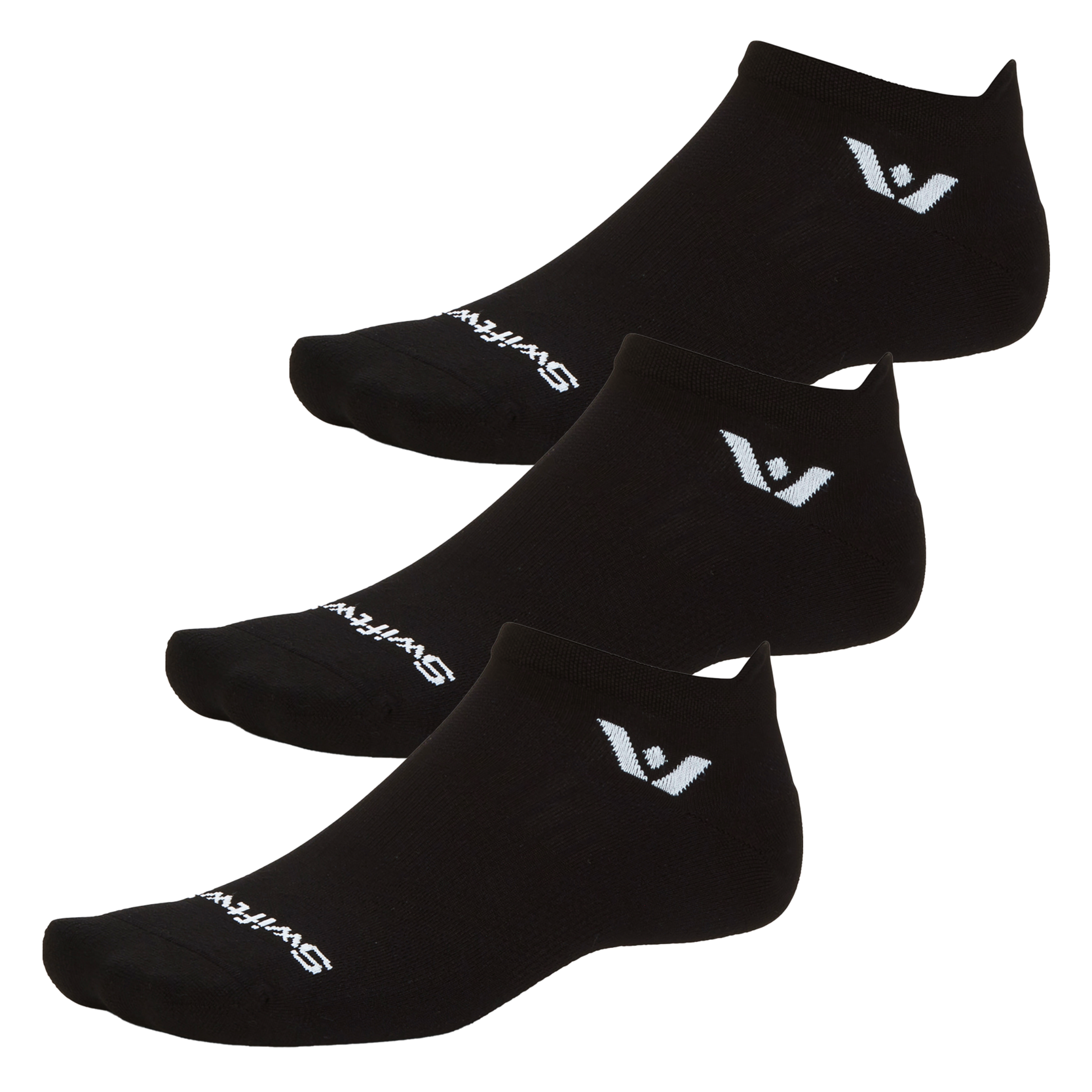 Three black Swiftwick Aspire Zero no-show running socks with white logo