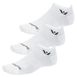Three white Swiftwick Aspire Zero Tab no-show running socks with black logo