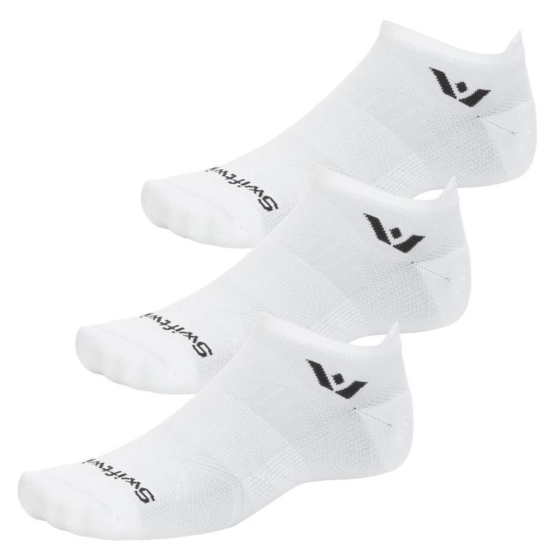 Three white Swiftwick Aspire Zero Tab no-show running socks with black logo