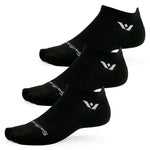 Three black Swiftwick Aspire Zero Tab no-show running socks with white logo