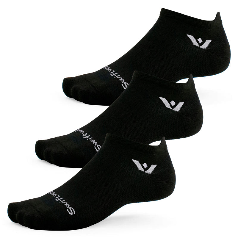 Three black Swiftwick Aspire Zero Tab no-show running socks with white logo