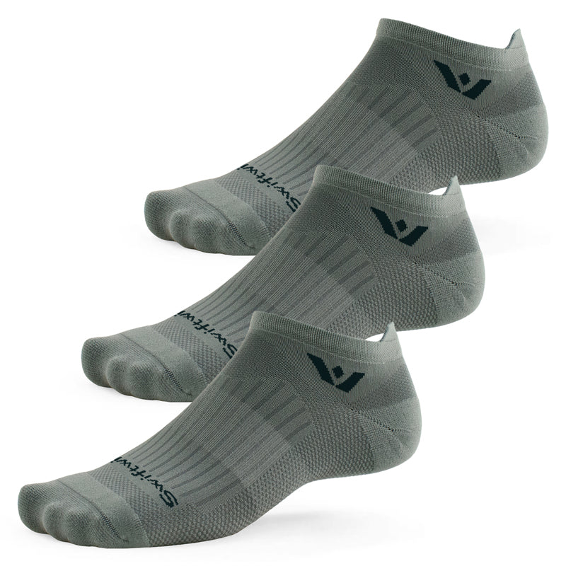 Three Swiftwick Aspire Zero Tab no-show running socks in pewter gray color