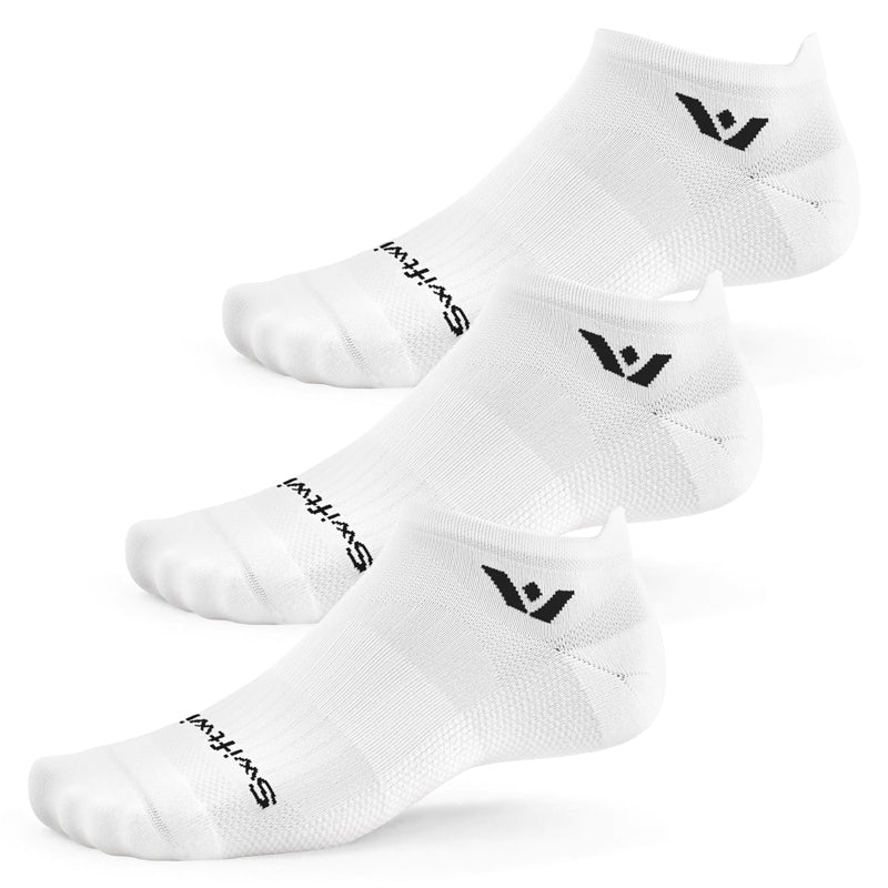 Three white Swiftwick Aspire Zero Tab no-show running socks with black logo