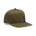 Fox Racing snapback hat in olive green with black embroidered logo on front panel