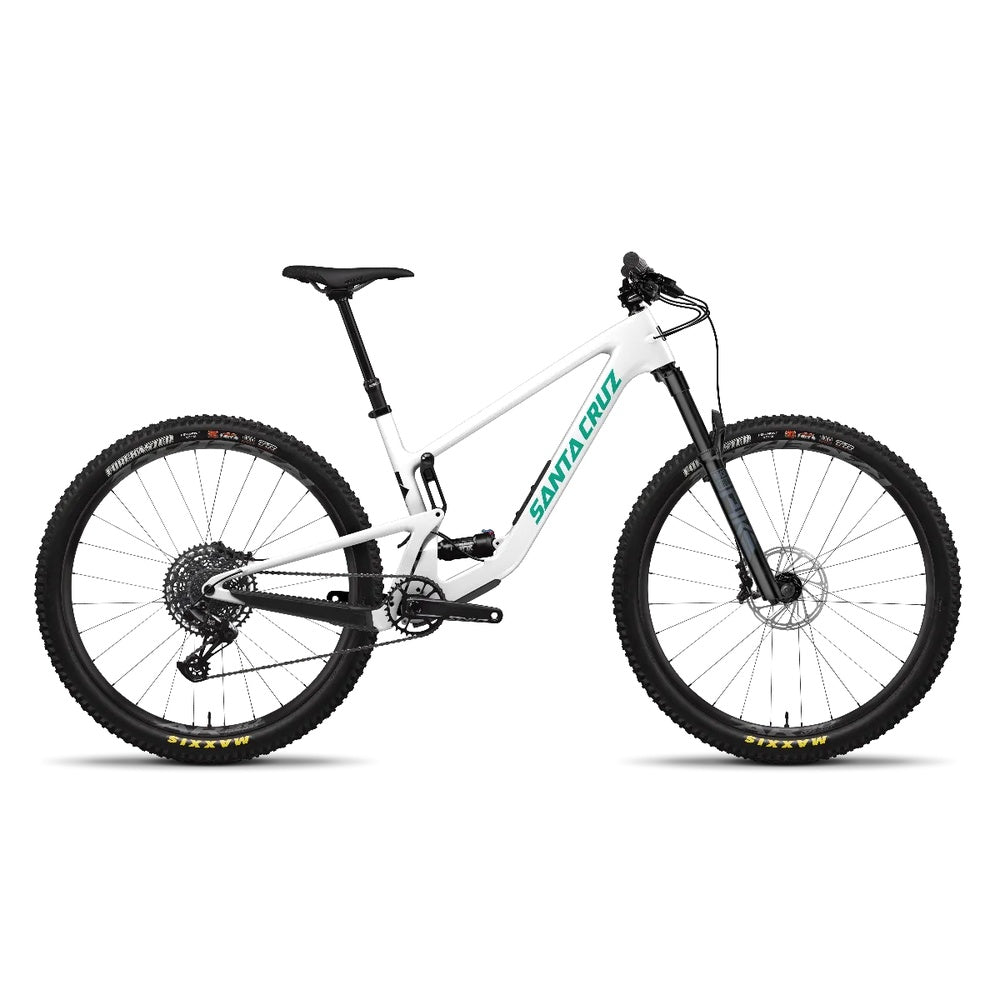Santa Cruz Tallboy 5 C 29 mountain bike in white with teal branding on white background