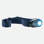Nathan Luna Fire LED headlamp with navy blue elastic strap and illuminated light