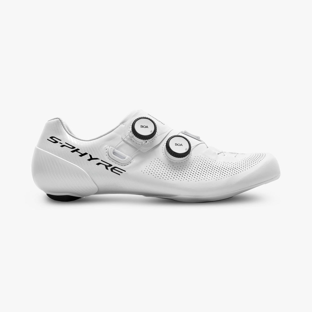 White Shimano S-Phyre cycling shoe with dual BOA closure system