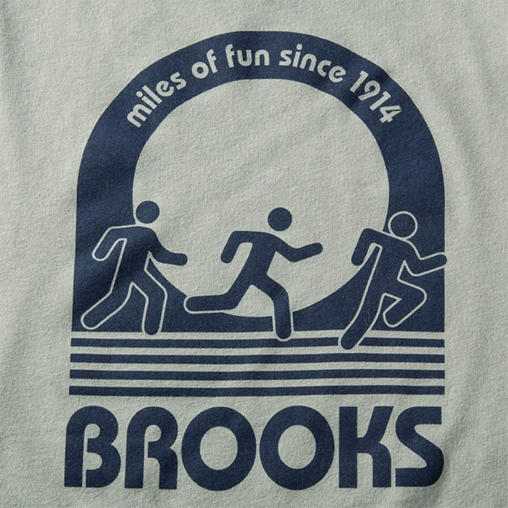 Brooks Distance Long Sleeve shirt in pebble with retro Miles of Fun running graphic