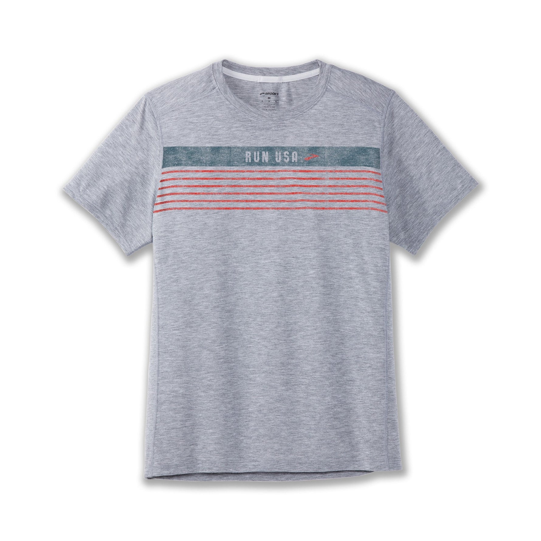Brooks Distance Graphic T-Shirt in heather gray with RUN USA striped design