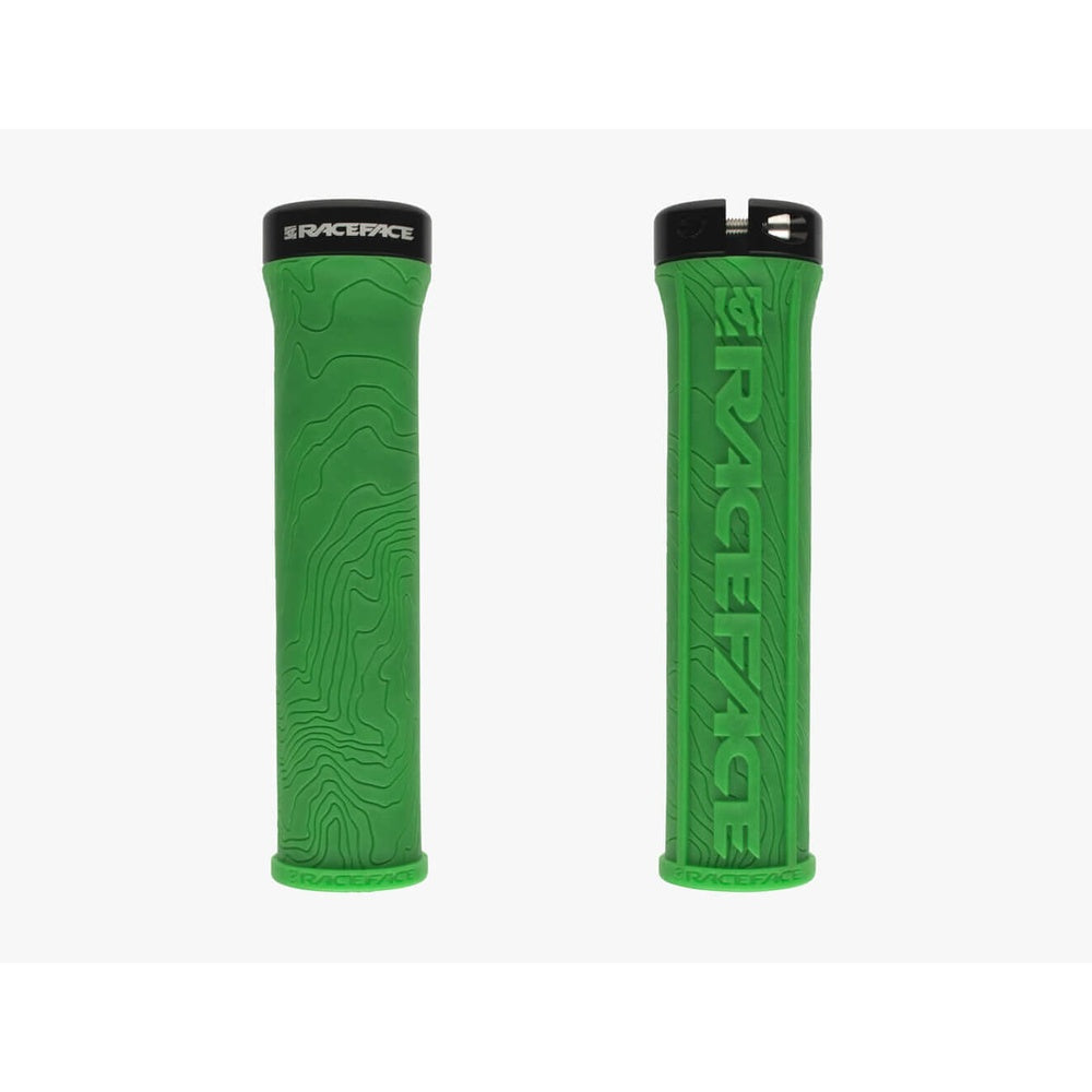 RaceFace Half Nelson green lock-on bicycle grips with topographic pattern design