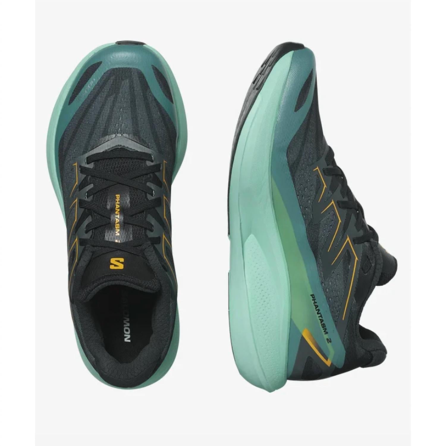 Salomon Phantasm 2 running shoes in black with teal midsole and gold accents, top and side views