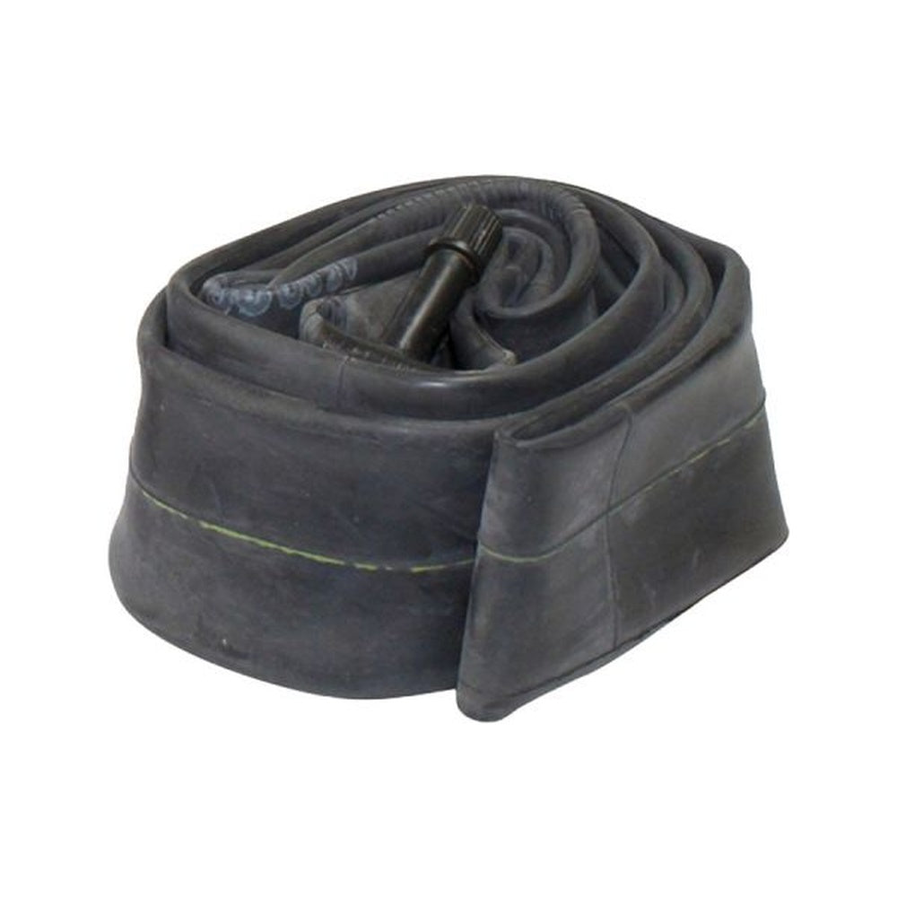 Black bicycle inner tube coiled with valve stem visible against white background