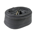 Black bicycle inner tube coiled with Presta valve stem visible