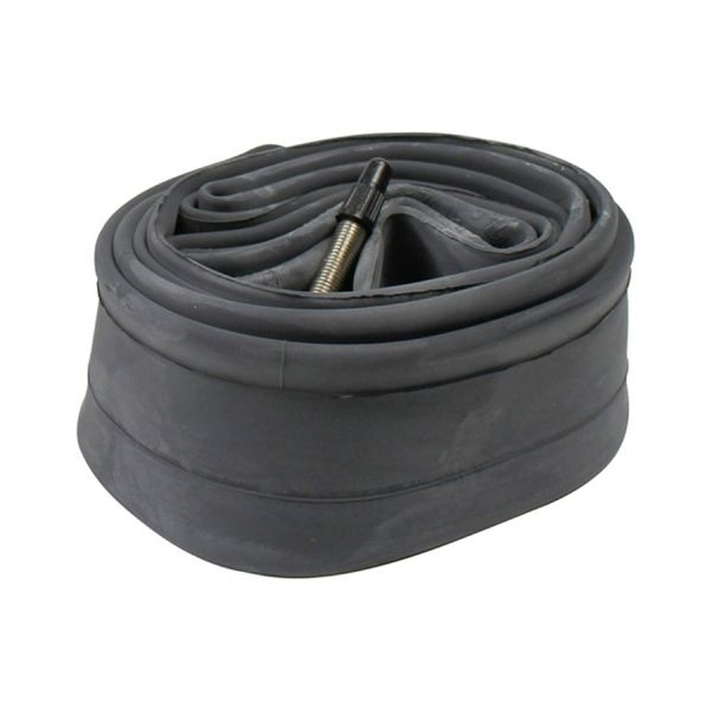 Black bicycle inner tube with valve stem coiled on white background