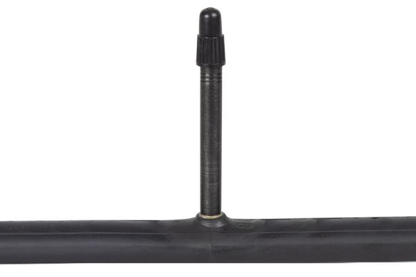 Black bicycle inner tube with presta valve on white background