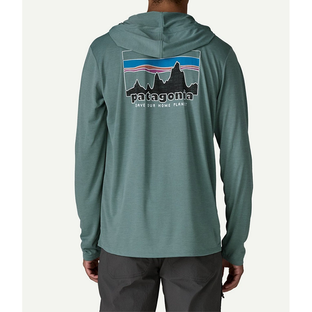 Patagonia Capilene Cool Daily Hoody in sage green shown from back with mountain graphic