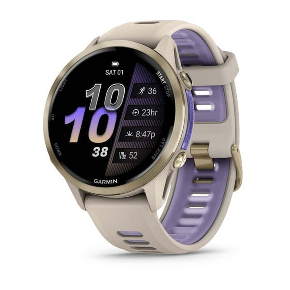 Garmin Forerunner 970 smartwatch with gray case and gray-indigo band displaying time
