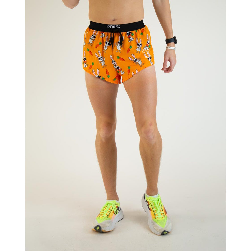 ChicknLegs 2-inch DS Split Shorts in orange Bad Bunny pattern with cartoon rabbits and carrots
