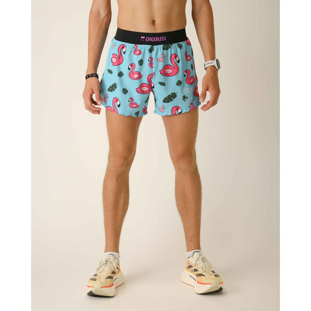 ChicknLegs men's light blue running shorts with pink flamingo and leaf print