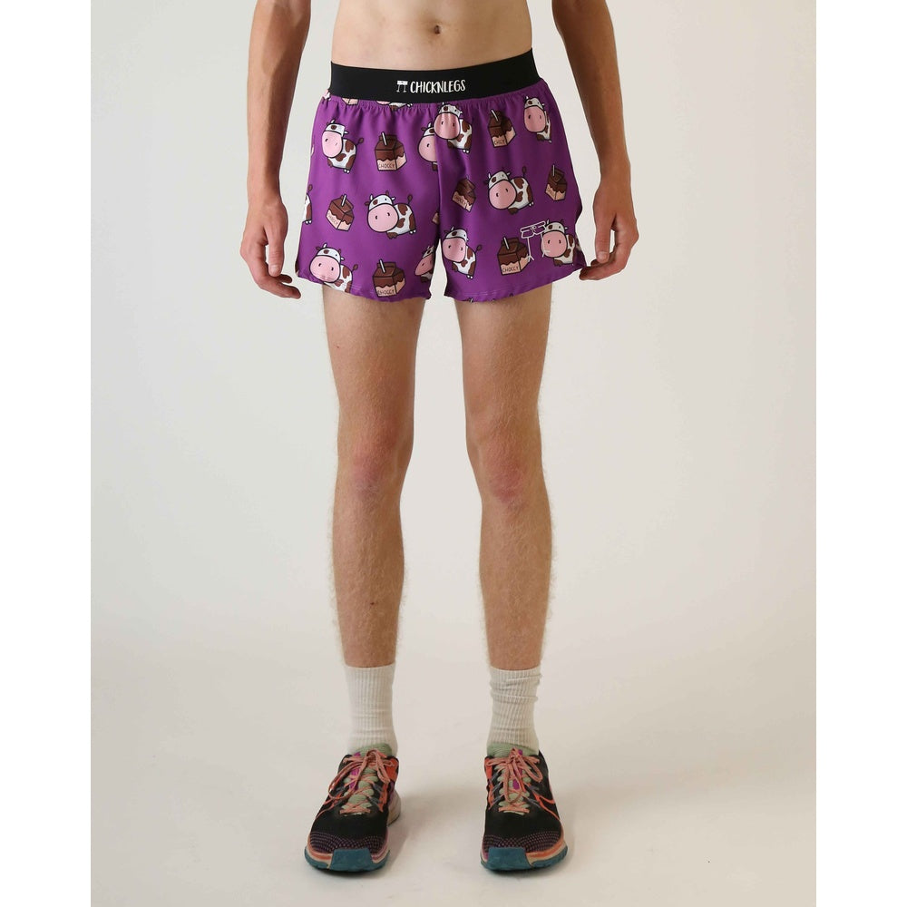 Purple ChicknLegs men's shorts with cow and chocolate print pattern