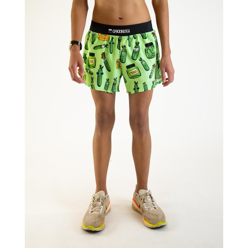 ChicknLegs men's bright green running shorts with cartoon pickle pattern