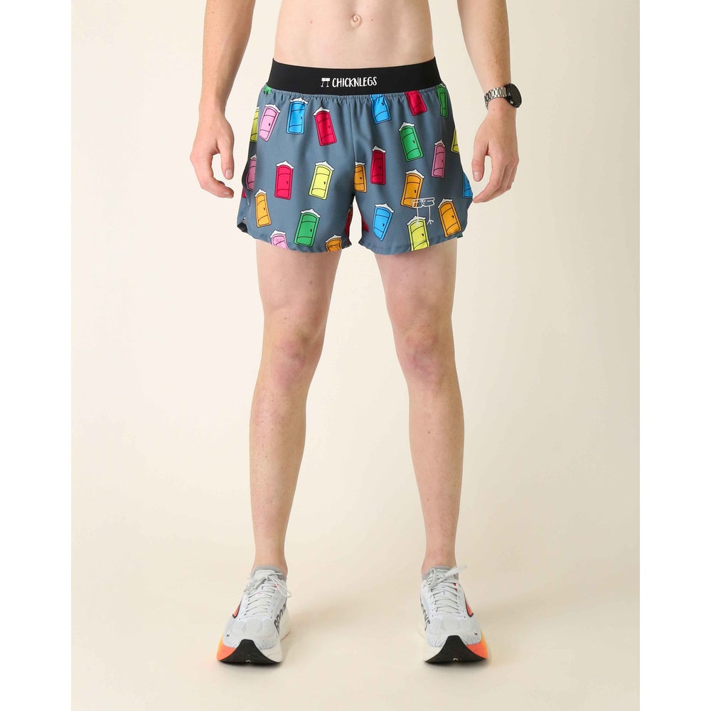 ChicknLegs men's running shorts with colorful milk carton print pattern on gray background