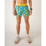 ChicknLegs men's blue running shorts with yellow rubber duck pattern and split sides