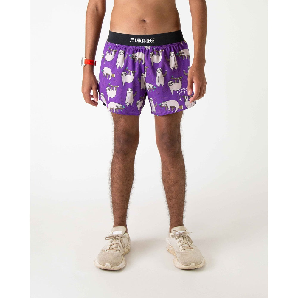 ChicknLegs purple running shorts with cute sloth pattern and black waistband